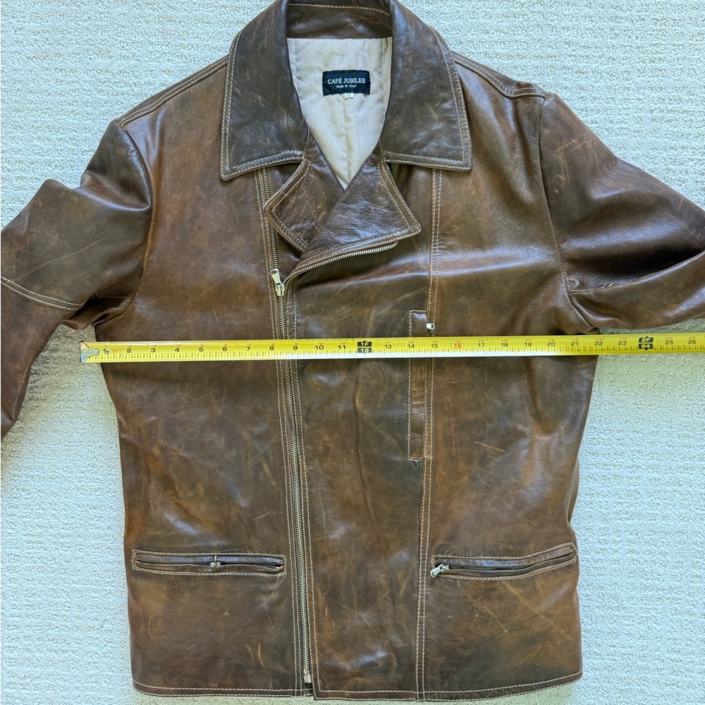 CAFE JUBILEE | Men's Distressed Brown Leather Jacket Sz Large - Picture 6 of 7